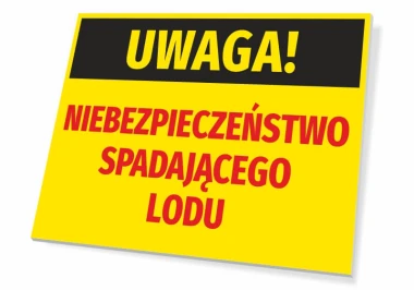 Tabliczka Uwaga Niebezpieczeństwo spadającego lodu - Wzór graficzny. Prostokątna tabliczka z czarnym tłem i dużymi
