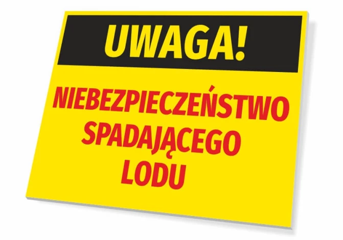 Tabliczka Uwaga Niebezpieczeństwo spadającego lodu - Wzór graficzny. Prostokątna tabliczka z czarnym tłem i dużymi