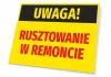 Tabliczka Uwaga Rusztowanie w remoncie - Wzór graficzny. Prostokątna tabliczka z żółtym tłem, czarnym napisem i czerwonymi