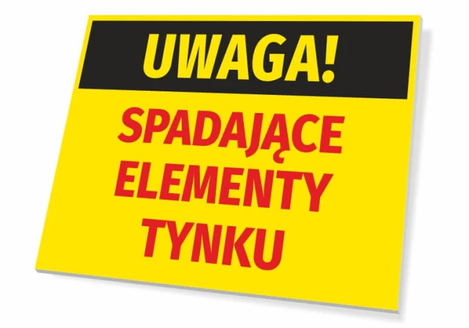 Tabliczka Uwaga Spadające elementy tynku - Wzór graficzny. Żółte tło z czarnym napisem UWAGA! i czerwonym SPADAJĄCE ELEMENTY
