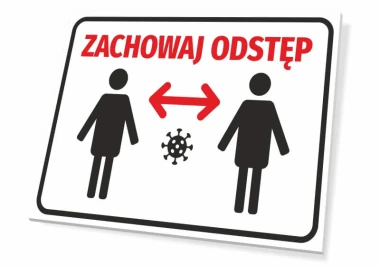 Tabliczka T413 Zachowaj odstęp - Wzór graficzny. Dwie postacie ludzkie z ikoną wirusa między nimi oraz strzałki wskazujące