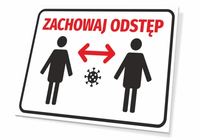 Tabliczka T413 Zachowaj odstęp - Wzór graficzny. Dwie postacie ludzkie z ikoną wirusa między nimi oraz strzałki wskazujące