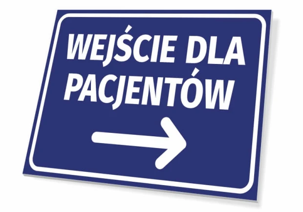 Tabliczka Wejście dla pacjentów T419 - Wzór graficzny. Prosta, prostokątna tabliczka z białym napisem na niebieskim tle