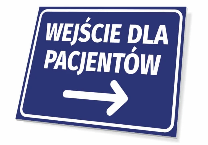 Tabliczka Wejście dla pacjentów T419 - Wzór graficzny. Prosta, prostokątna tabliczka z białym napisem na niebieskim tle