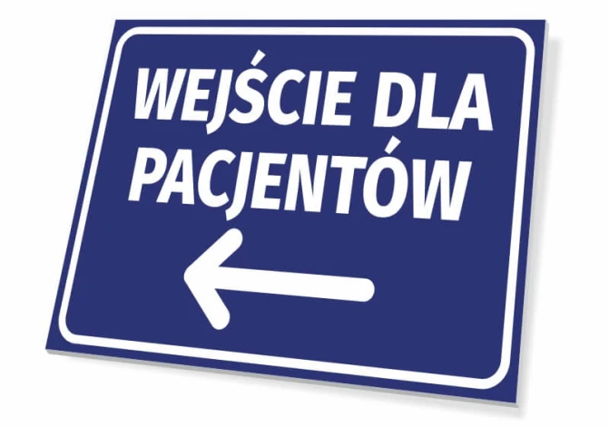 Tabliczka Wejście dla pacjentów T420 - Wzór graficzny. Niebieskie tło z białym napisem i strzałką w lewo