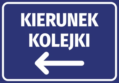 Naklejka Kierunek kolejki N424 - Wzór graficzny. Na niebieskim tle białe litery wskazują kierunek w lewo