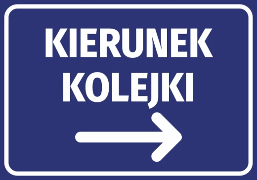Niebieska naklejka informacyjna BHP z białym napisem Kierunek kolejki oraz strzałką w prawo na białym tle