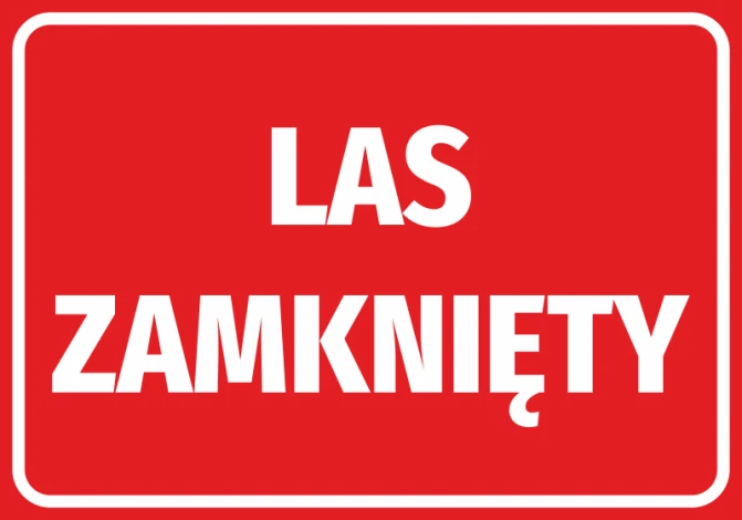 Naklejka Las zamknięty - Wzór graficzny. Czerwone tło z białym napisem LAS ZAMKNIĘTY w dużych literach