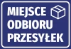 Naklejka Miejsce odbioru przesyłek - Wzór graficzny. Niebieskie tło z białym napisem i ikoną paczki