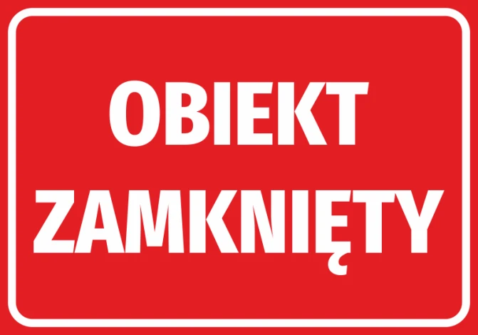 Naklejka Obiekt zamknięty - Wzór graficzny. Czerwone tło z białym napisem dużymi literami