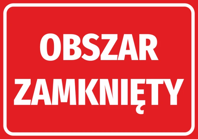Naklejka Obszar zamknięty - Wzór graficzny. Czerwone tło z białym tekstem, duże litery, wyraźny komunikat