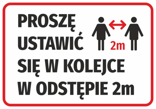 Naklejka BHP z czarnym napisem o zachowaniu odstępu 2m, czerwoną ramką i piktogramem postaci ze strzałką