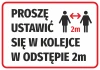 Naklejka Proszę ustawić się w kolejce w odstępie 2m - Wzór graficzny. Dwie postacie z strzałką i odległością 2m