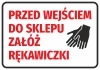 Naklejka Przed wejściem do sklepu załóż rękawiczki - Wzór graficzny. Czerwony tekst na białym tle z grafiką dwóch dłoni