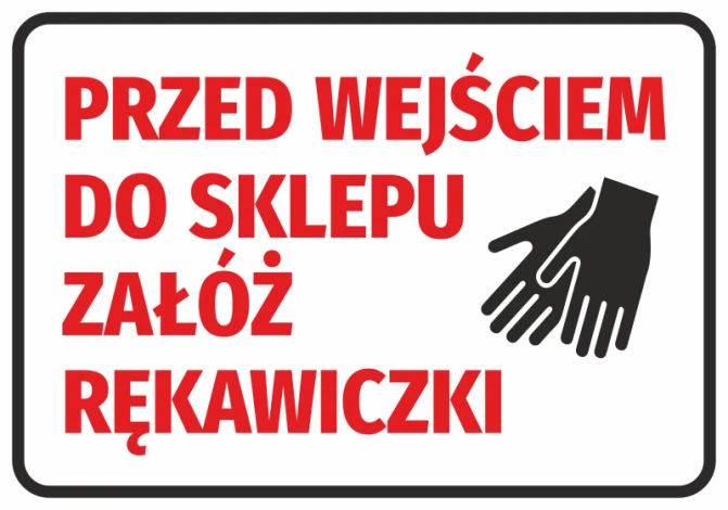Naklejka Przed wejściem do sklepu załóż rękawiczki - Wzór graficzny. Czerwony tekst na białym tle z grafiką dwóch dłoni
