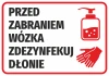 Naklejka Przed zabraniem wózka zdezynfekuj dłonie - Wzór graficzny. Prostokąt z czerwonym obramowaniem, tekst czarny, ikona