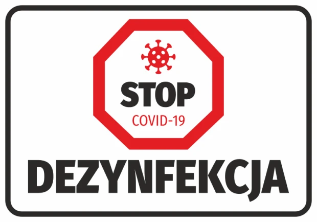 Naklejka BHP na drzwi i ściany z czerwonym znakiem stop, symbolem wirusa i napisem STOP COVID-19 DEZYNFEKCJA