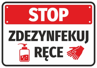 Naklejka Stop Zdezynfekuj ręce - Wzór graficzny. Czerwone tło z białym napisem, ikona butelki z płynem i rękawiczek