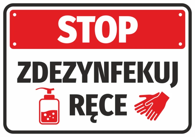 Naklejka Stop Zdezynfekuj ręce - Wzór graficzny. Czerwone tło z białym napisem, ikona butelki z płynem i rękawiczek
