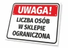 Naklejka Uwaga Liczba osób w sklepie ograniczona - Wzór graficzny. Czerwone tło z białym napisem i czarną ramką
