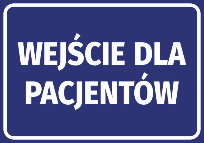 Naklejka Wejście dla pacjentów N418 - Wzór graficzny. Prosty, prostokątny kształt z dużym, białym napisem na niebieskim tle