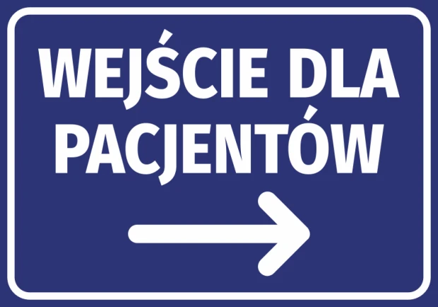 Niebieska naklejka informacyjna z białym napisem Wejście dla pacjentów i strzałką w prawo, wzór na białym tle