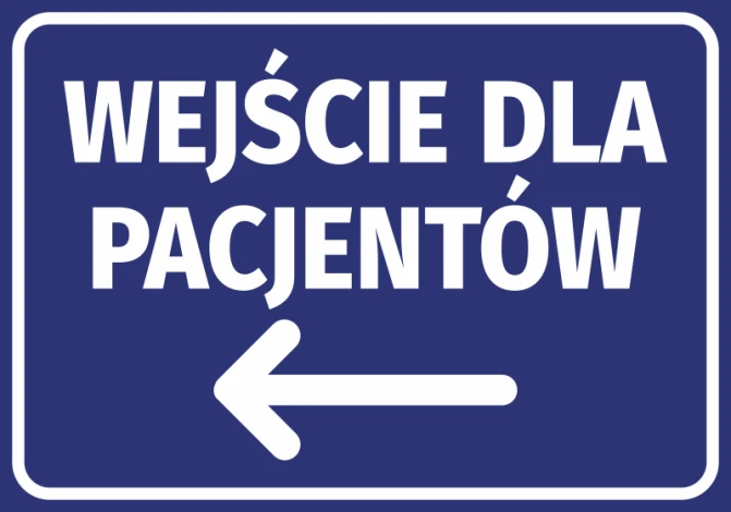 Naklejka Wejście dla pacjentów N420 - Wzór graficzny. Niebieskie tło z białym napisem i strzałką w lewo