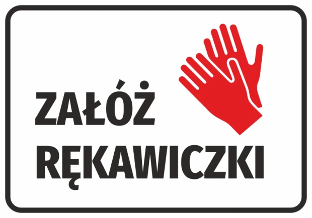Naklejka BHP na białym tle z czerwonym piktogramem dłoni i czarnym napisem Załóż rękawiczki