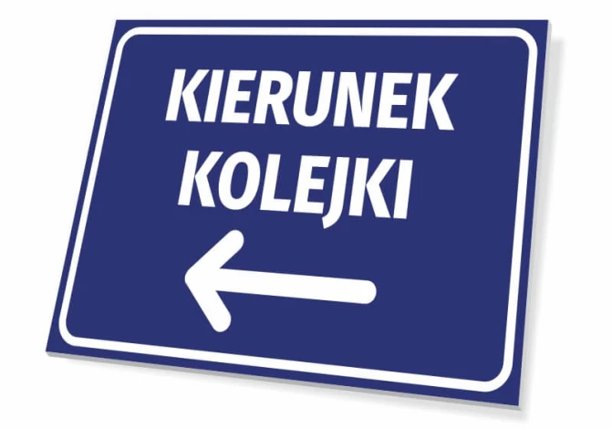 Tabliczka Kierunek kolejki T424 - Wzór graficzny. Prostokątna tabliczka z niebieskim tłem i białym napisem kierunek kolejki