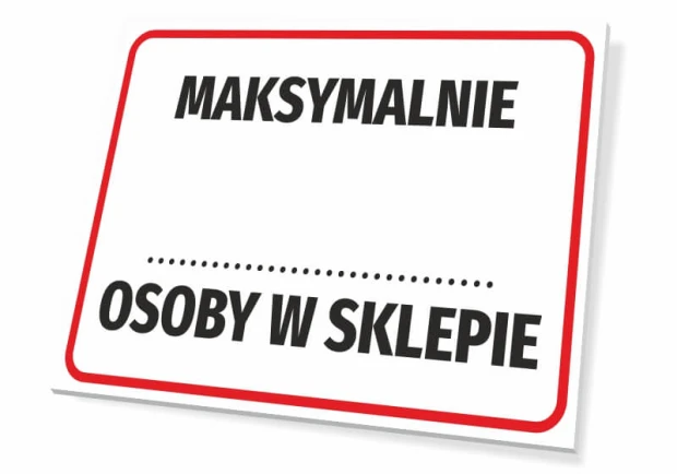Biała tabliczka informacyjna z czerwoną ramką i napisem Maksymalnie osoby w sklepie oraz miejscem na wpisanie liczby
