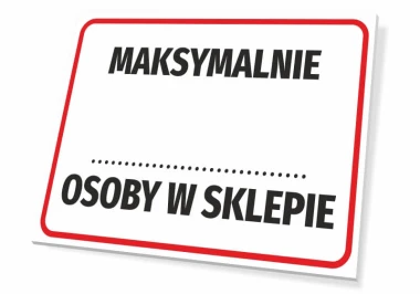 Tabliczka Maksymalnie osoby w sklepie - Wzór graficzny. Prosta tabliczka z białym tłem, czarnym tekstem i czerwoną ramką