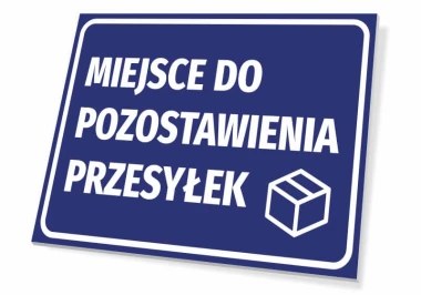 Tabliczka Miejsce do pozostawienia przesyłek - Wzór graficzny. Niebieskie tło z białym tekstem i ikoną paczki