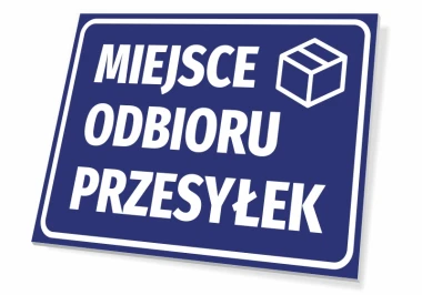 Tabliczka Miejsce odbioru przesyłek - Wzór graficzny. Niebieskie tło z białym tekstem i ikoną pudełka