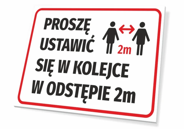 Tabliczka Proszę ustawić się w kolejce w odstępie 2m - Wzór graficzny. Prosty prostokąt z czerwonymi ramkami, tekst czarny
