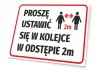 Tabliczka Proszę ustawić się w kolejce w odstępie 2m - Wzór graficzny. Prosty prostokąt z czerwonymi ramkami, tekst czarny