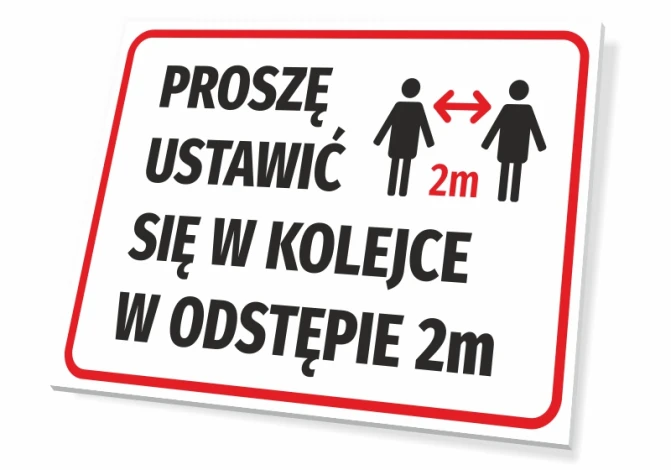 Tabliczka Proszę ustawić się w kolejce w odstępie 2m - Wzór graficzny. Prosty prostokąt z czerwonymi ramkami, tekst czarny