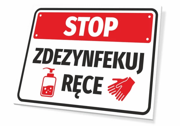 Tabliczka Stop Zdezynfekuj ręce - Wzór graficzny. Czerwone tło, białe litery, ikona dozownika i rękawiczek