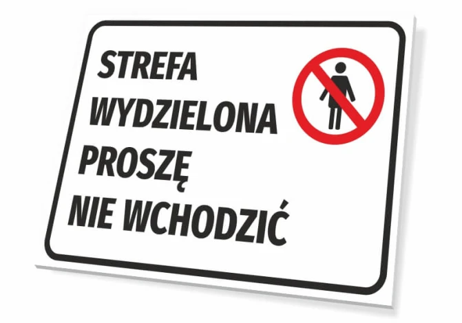 Tabliczka Strefa wydzielona proszę nie wchodzić - Wzór graficzny. Prostokątna tabliczka z czerwonym piktogramem osoby