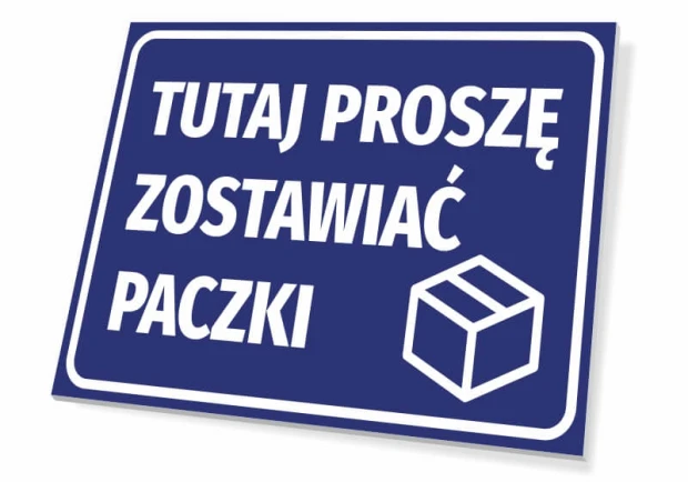 Niebieska tabliczka informacyjna z piktogramem kartonu i napisem Tutaj proszę zostawiać paczki