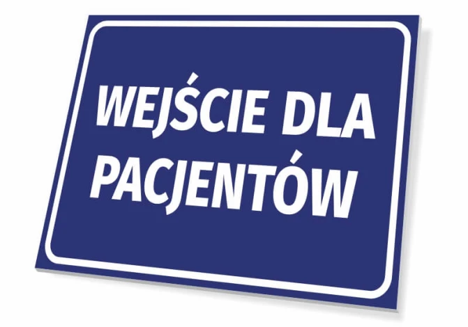 Tabliczka Wejście dla pacjentów T418 - Wzór graficzny. Prostokątna tabliczka z niebieskim tłem i białym napisem