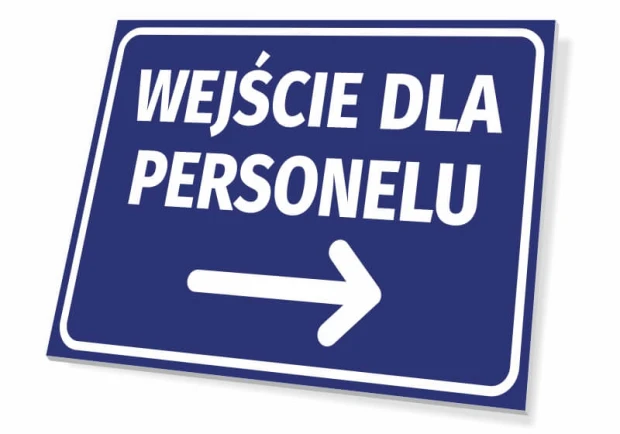 Tabliczka Wejście dla personelu T422 - Wzór graficzny. Niebieskie tło z białym napisem i strzałką w prawo
