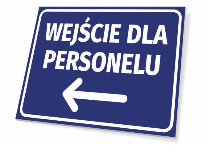 Tabliczka Wejście dla personelu T423 - Wzór graficzny. Prostokątna tabliczka z niebieskim tłem i białym napisem. Strzałka
