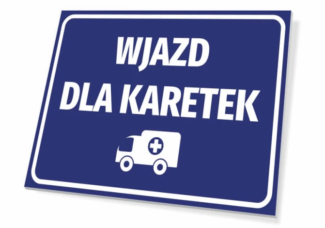 Tabliczka Wjazd dla karetek T459 - Wzór graficzny. Niebieskie tło z białym napisem i ikoną karetki