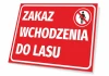 Tabliczka Zakaz wchodzenia do lasu - Wzór graficzny. Czerwone tło z białym tekstem i symbolem zakazu