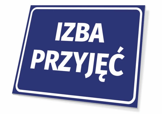 Tabliczka Izba przyjęć - Wzór graficzny. Prosta, prostokątna tabliczka z niebieskim tłem i białym napisem