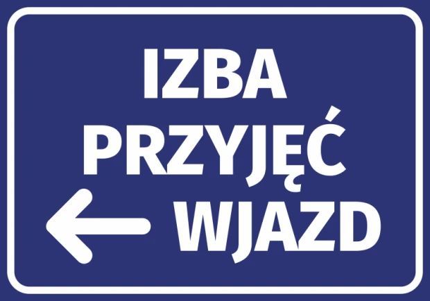 Naklejka Izba przyjęć wjazd N465 - Wzór graficzny. Niebieskie tło z białym tekstem i strzałką w lewo