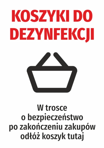 Naklejka Koszyki do dezynfekcji - Wzór graficzny. Czerwony napis nad ikoną koszyka na białym tle