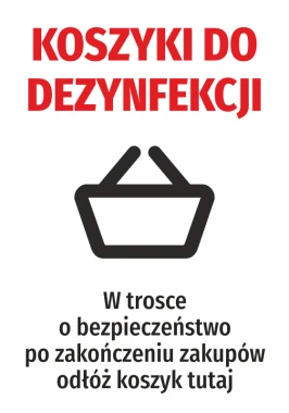 Naklejka Koszyki do dezynfekcji - Wzór graficzny. Czerwony napis nad ikoną koszyka na białym tle