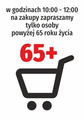 Naklejka Na zakupy zapraszamy tylko osoby powyżej 65 roku życia - Wzór graficzny. Czarne litery na białym tle, czerwony