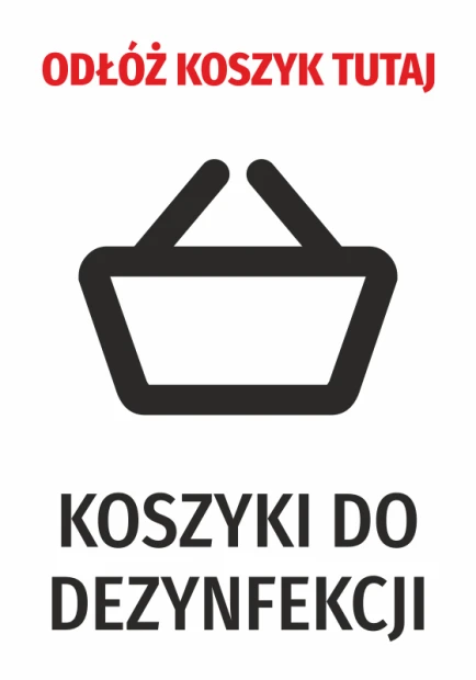 Naklejka Odłóż koszyk tutaj - Wzór graficzny. Czerwony napis na górze, czarna ikona koszyka poniżej